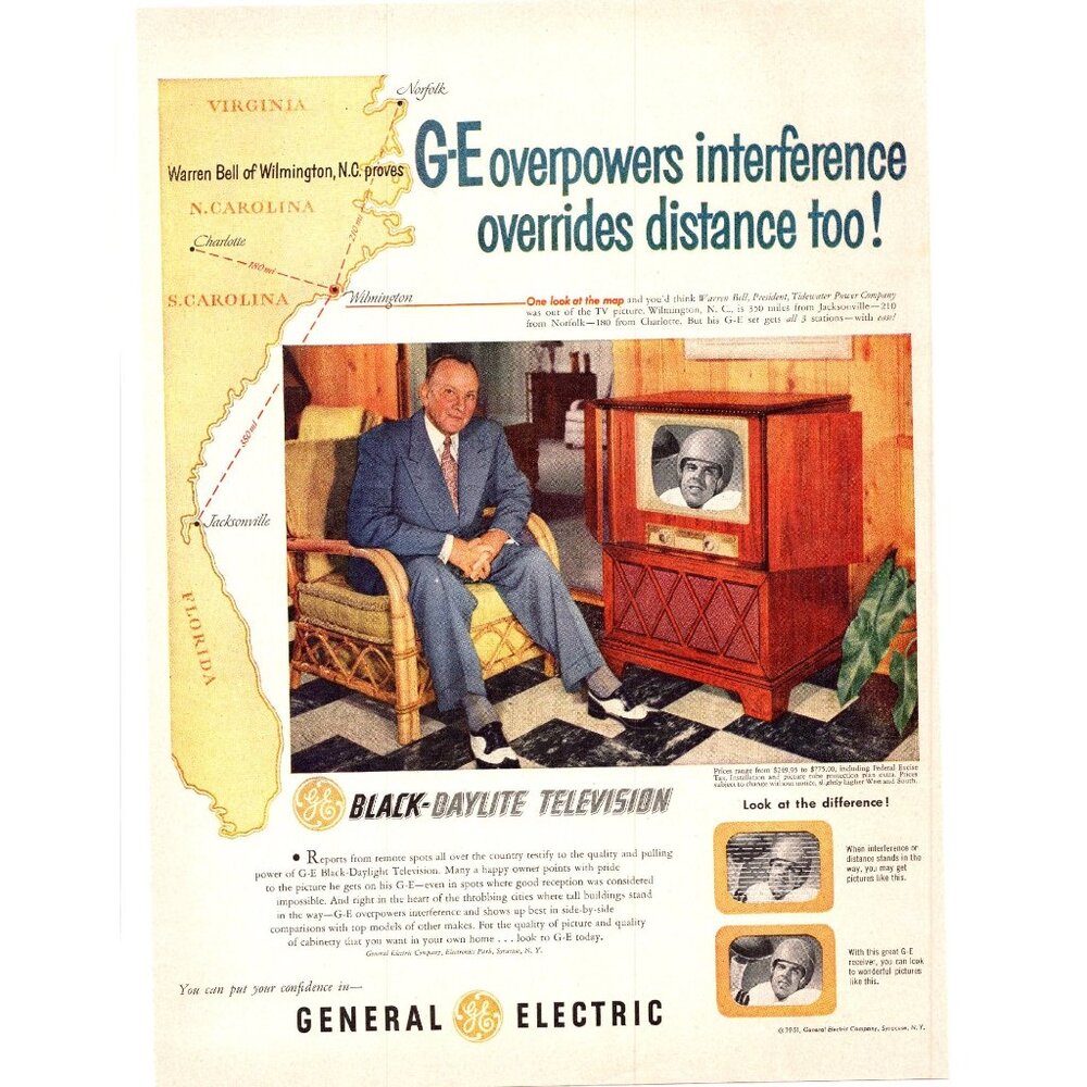 1951 GE General Electric Black Daylight Television TV Vintage Print Ad Wall Art